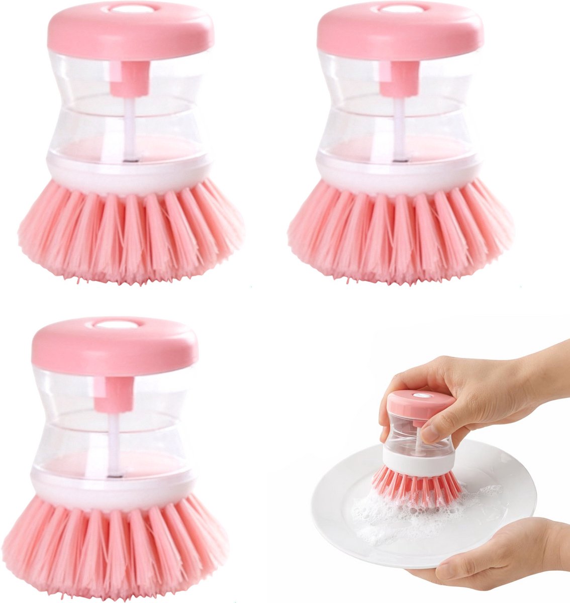 3 stuks - Afwasborstel - Zeepdispenser afwasborstel - Vloeistofgevulde afwasborstel - Vlekverwijderende en reinigingsborstel - 9 cm x 7 cm - Roze - Voor het schrobben van vaat, kookgerei en gootstenen