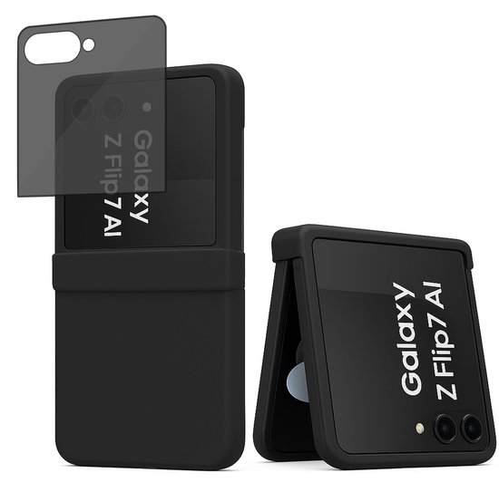 Coque noire pour Samsung Galaxy Z Flip 7, ouverte et fermée, avec un protecteur d'écran à côté.
