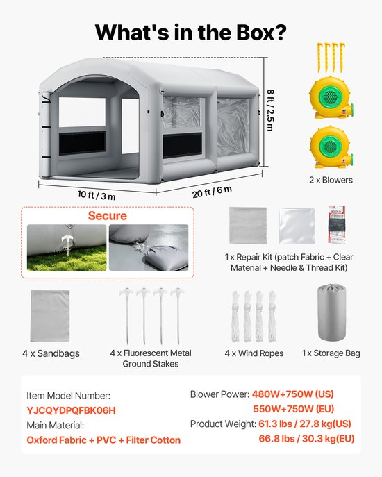 VEVOR Opblaasbare Spuitcabine 6x3x2,5 m Spuitcabine Verftent Grijs, met 550W & 750W Ventilator, Actieve Koolstoffiltratie, PVC Raam voor ATV, Motorfiets & Middelgroot Meubilair, Draagbaar van Vevor — afbeelding 3