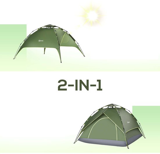 Koepeltent 210x210x140 cm groen lichtgewicht en stabiel met extra kap waterdicht en UV-bestendig ontwerp stevige en flexibele glasvezelstokken twee ingangen inclusief grondzeil en opbergtas geschikt voor kamperen en wandelreizen — afbeelding 3