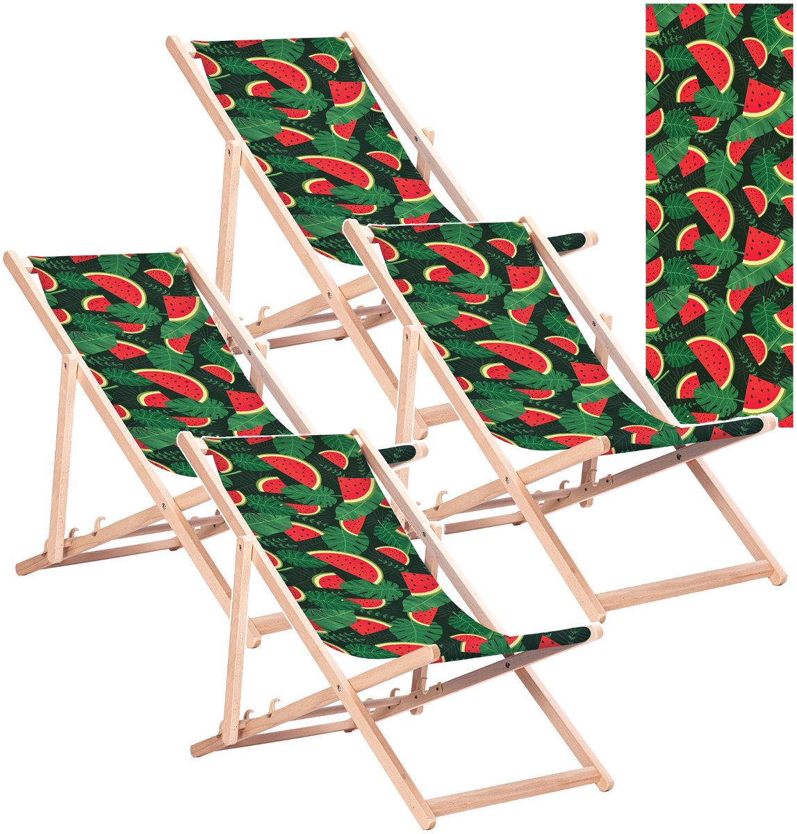 GreenBlue GB183 - Strandstoel - Klassieke beukenhouten ligstoel met watermeloenprint - tot 110 kg - 4 stuks