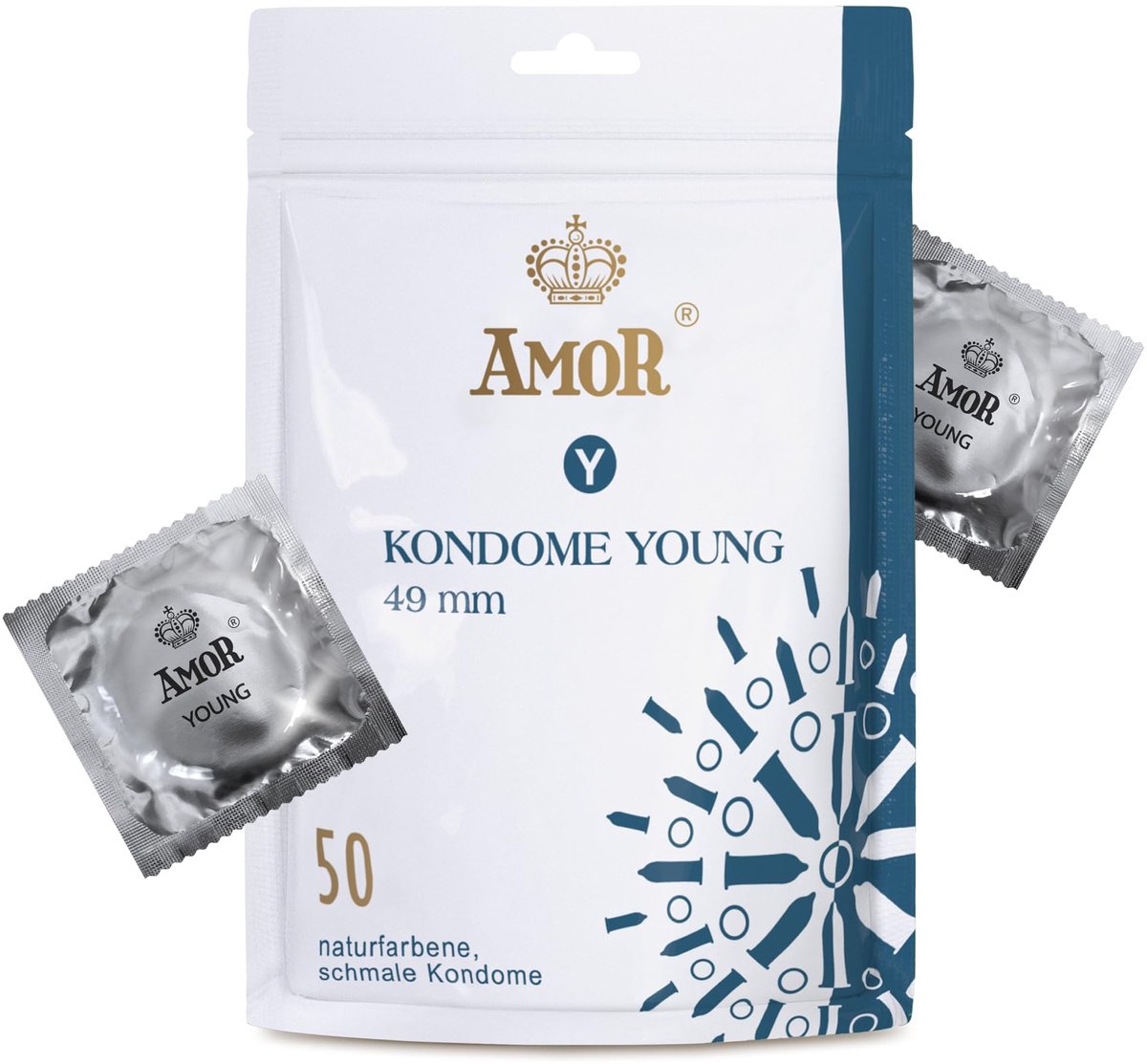 AMOR Premium Condooms, Met extra dunne of dikke wanddikte, of met noppen, Nauwe pasvorm Ø 49 mm, 50 stuks