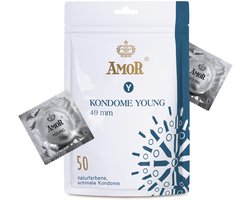 AMOR Premium condooms, Met extra dunne of sterke wanddikte of met noppen, Nauwe pasvorm Ø 49 mm, 50 stuks