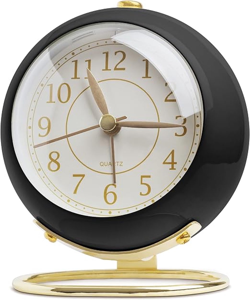 Analoge Wekker - Retro Ontwerp met Nachtlampje, Stil Geluid - Batterij Gesteund voor Slaapkamer en Nachttafel - Voor Kinderen en Volwassenen - Bedside Klok - zwart