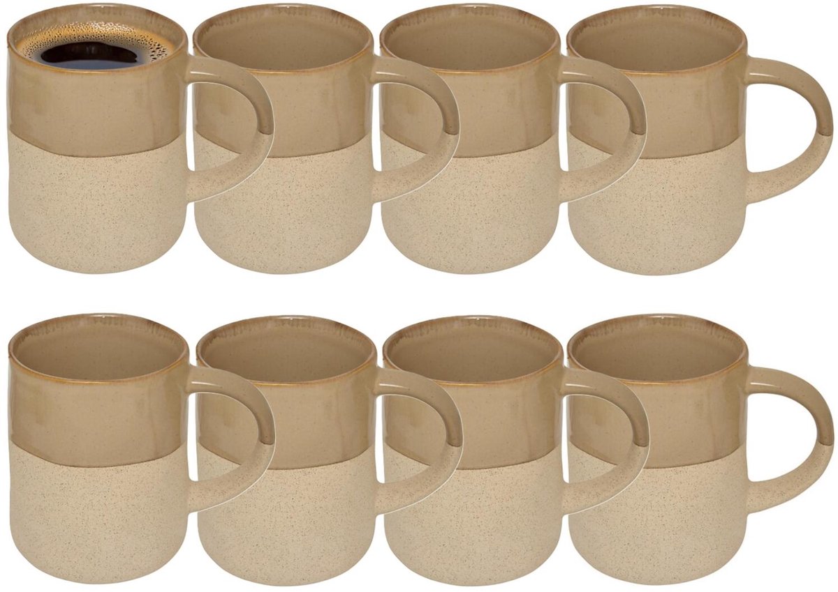 Secret de Gourmet koffie kopjes - Ancient Cairo - 8x stuks - taupe/beige - 340 ml - mokken - keramiek - met stijlvol decoratie motief