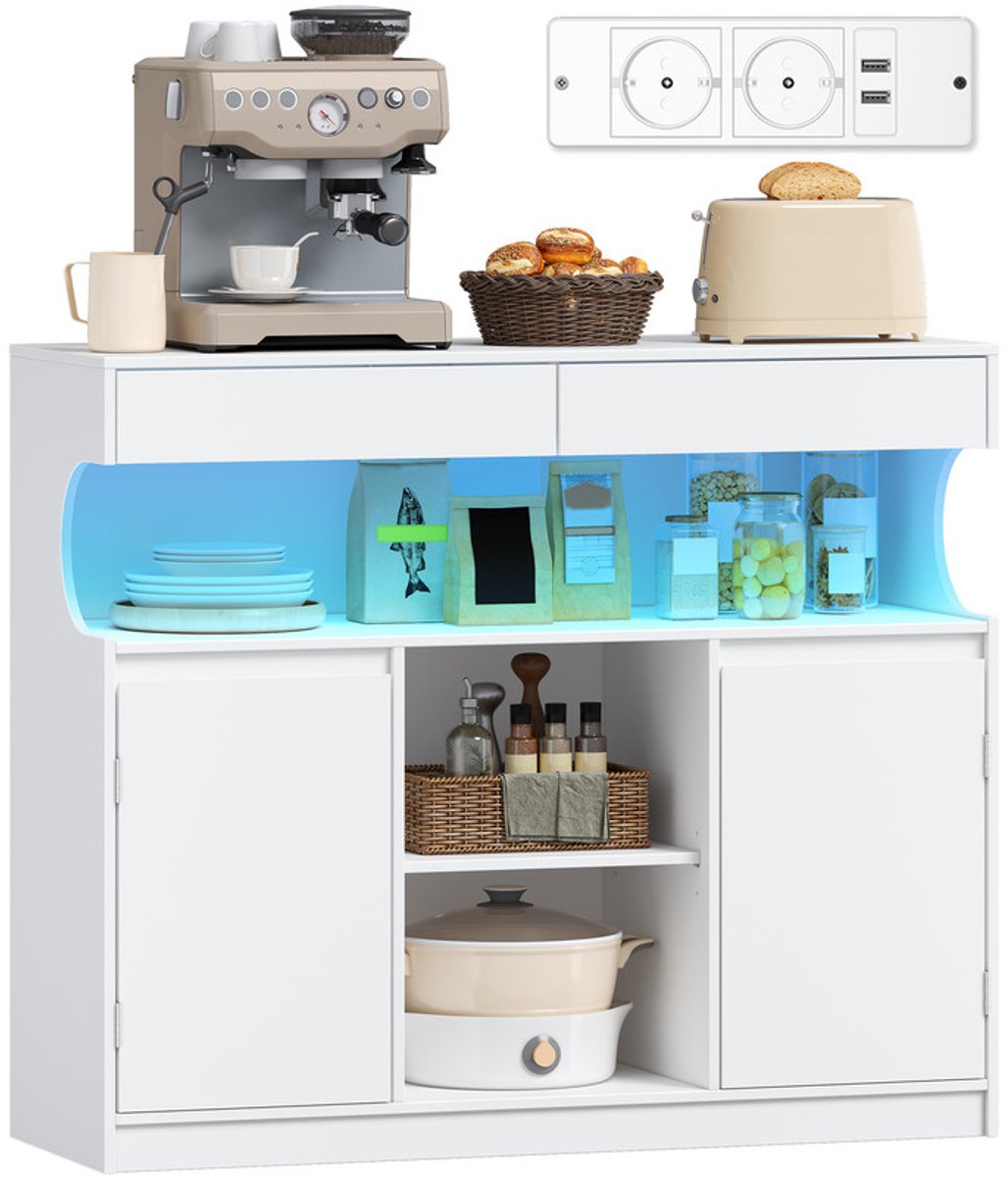 Hzuaneri Dressoir, Keukenkast met Stekkerdoos en Ledverlichting, Wit