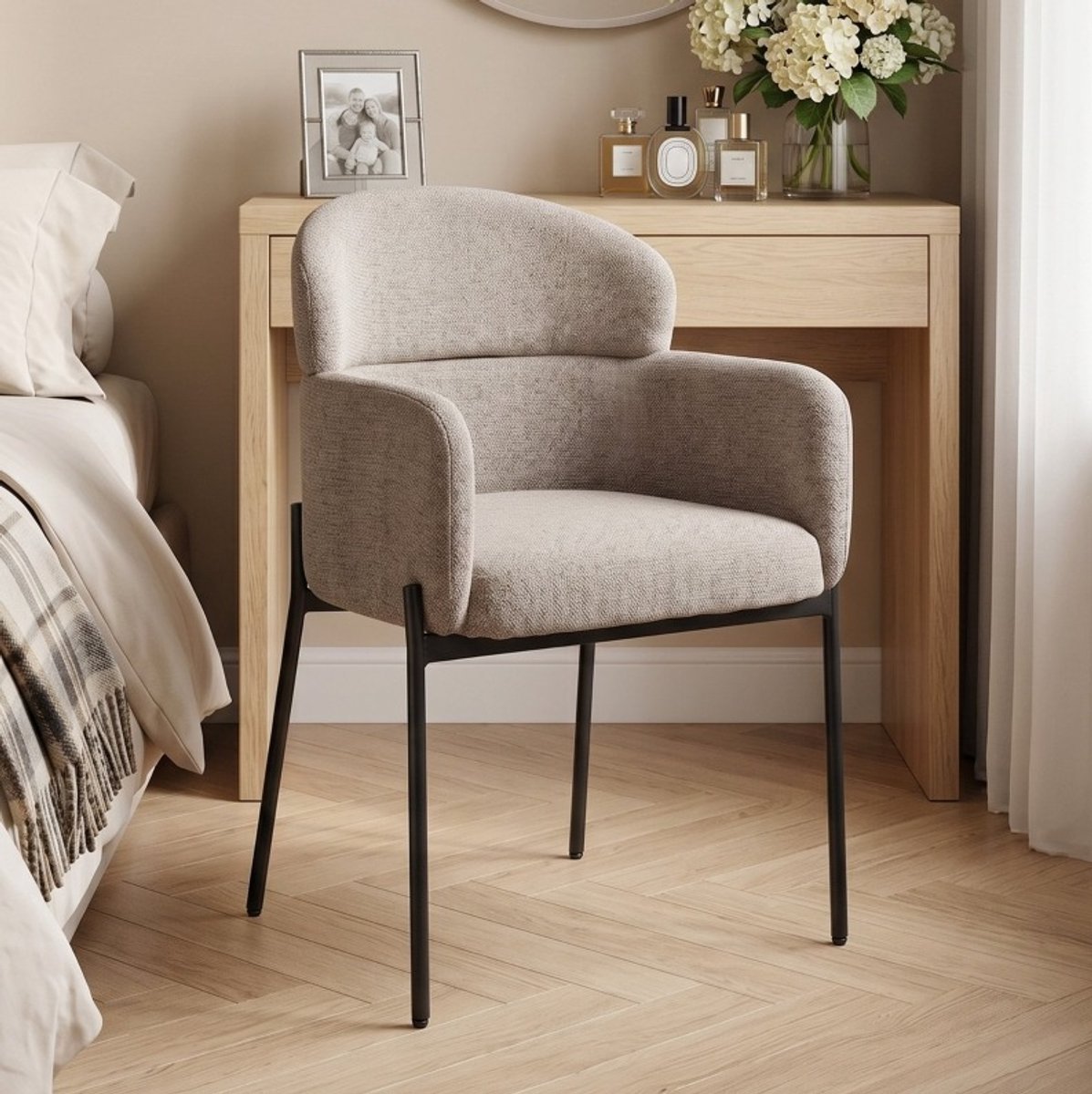 MIVRAY Fauteuil 60 x 57 cm - Ergonomische Rugleuning Met Armleuningen - Voor Woonkamer En Slaapkamer - Polyester - Lichtbruin