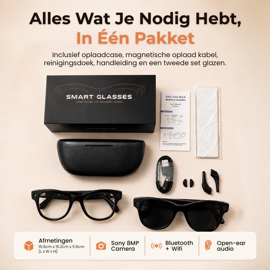 SF Products Smart Glasses - Smart Bril - AI Glasses met Sony 8MP Camera - AI Vertaling - Bluetooth 5.3- WiFi - Inclusief Oplaadcase — afbeelding 2
