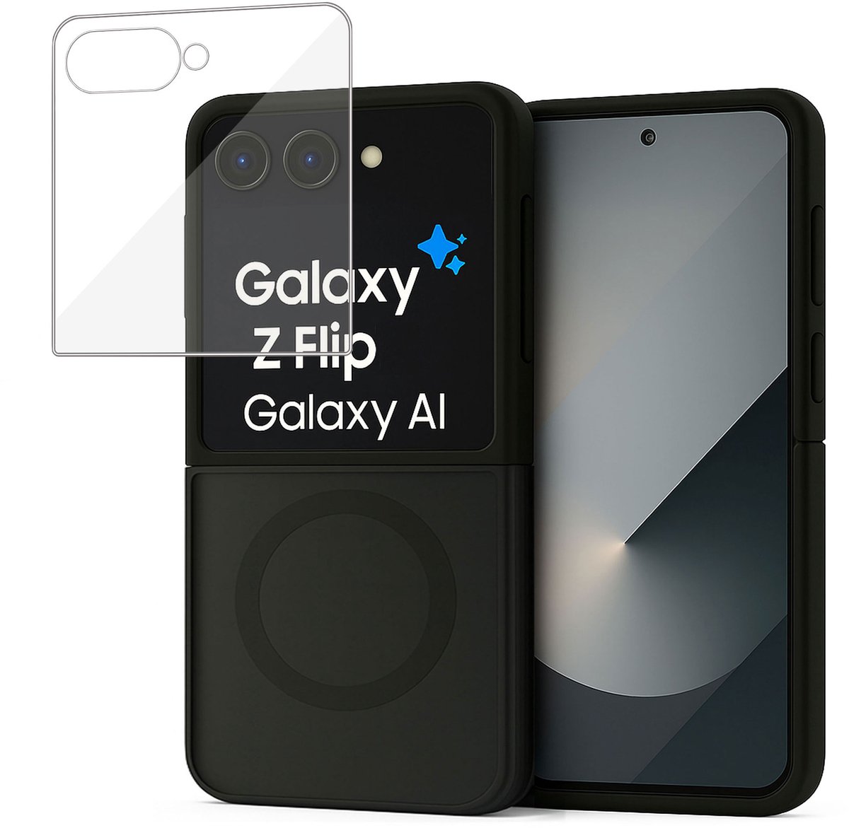 Hoesje + Screenprotector geschikt voor Samsung Galaxy Z Flip 8 Hoesje - Portemonnee Hoesje geschikt voor MagSafe - Magnetisch - Gehard Glas - Zwart