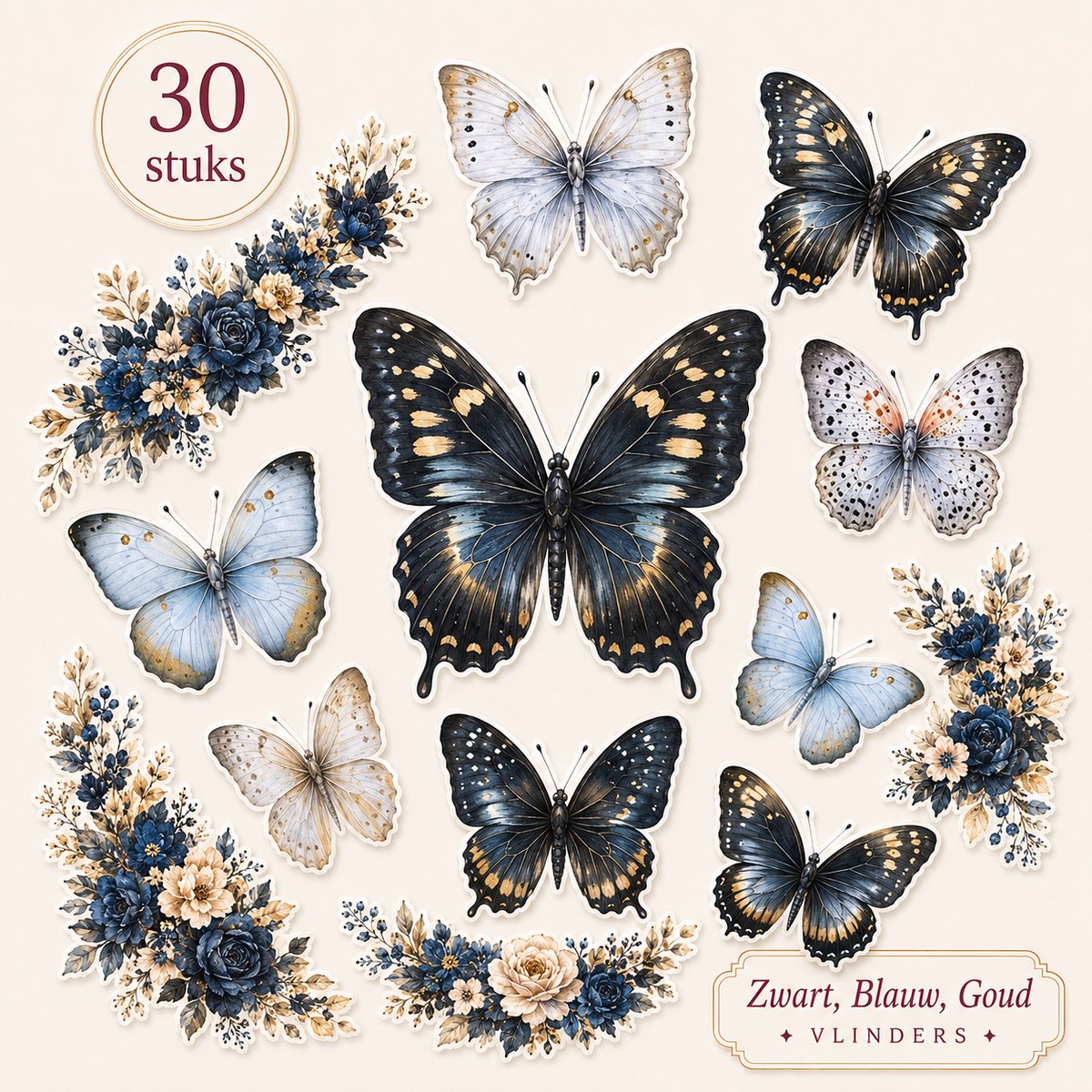 Diurnal Vlinders stickers - Zwart blauw goud - Journaling 30 stuks