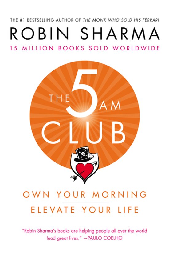 Boek "The 5 AM Club" van Robin Sharma met een oranje cirkel en de titel.