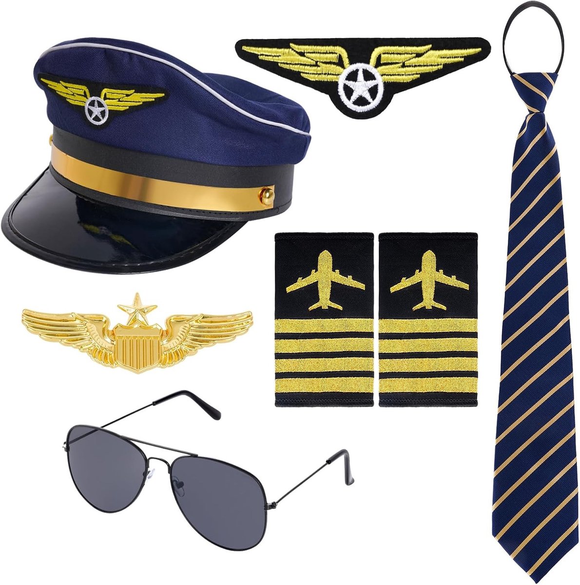 Complete Set van 7 Aviator Kostuumaccessoires met Schouderflappen, Zonnebril en Badge voor Halloween en Carnaval