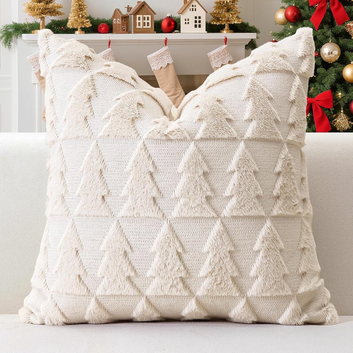 Set van 1 Luxe Kussenhoes van Zacht Pluche en Korte Wol voor Kerstmis 50x50cm Decoratieve Kussenhoezen voor Bank en Slaapkamer in Crème Beige