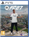 Voetballer in Real Madrid-tenue op een klif boven een stad. EA SPORTS FC 27-hoes voor PS5 met PEGI 16-classificatie.