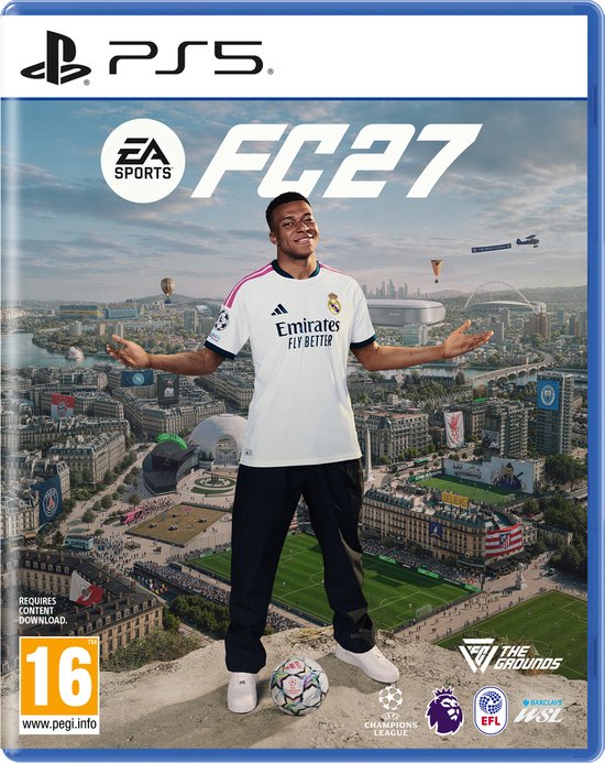 Voetballer in Real Madrid-tenue op een klif boven een stad. EA SPORTS FC 27-hoes voor PS5 met PEGI 16-classificatie.