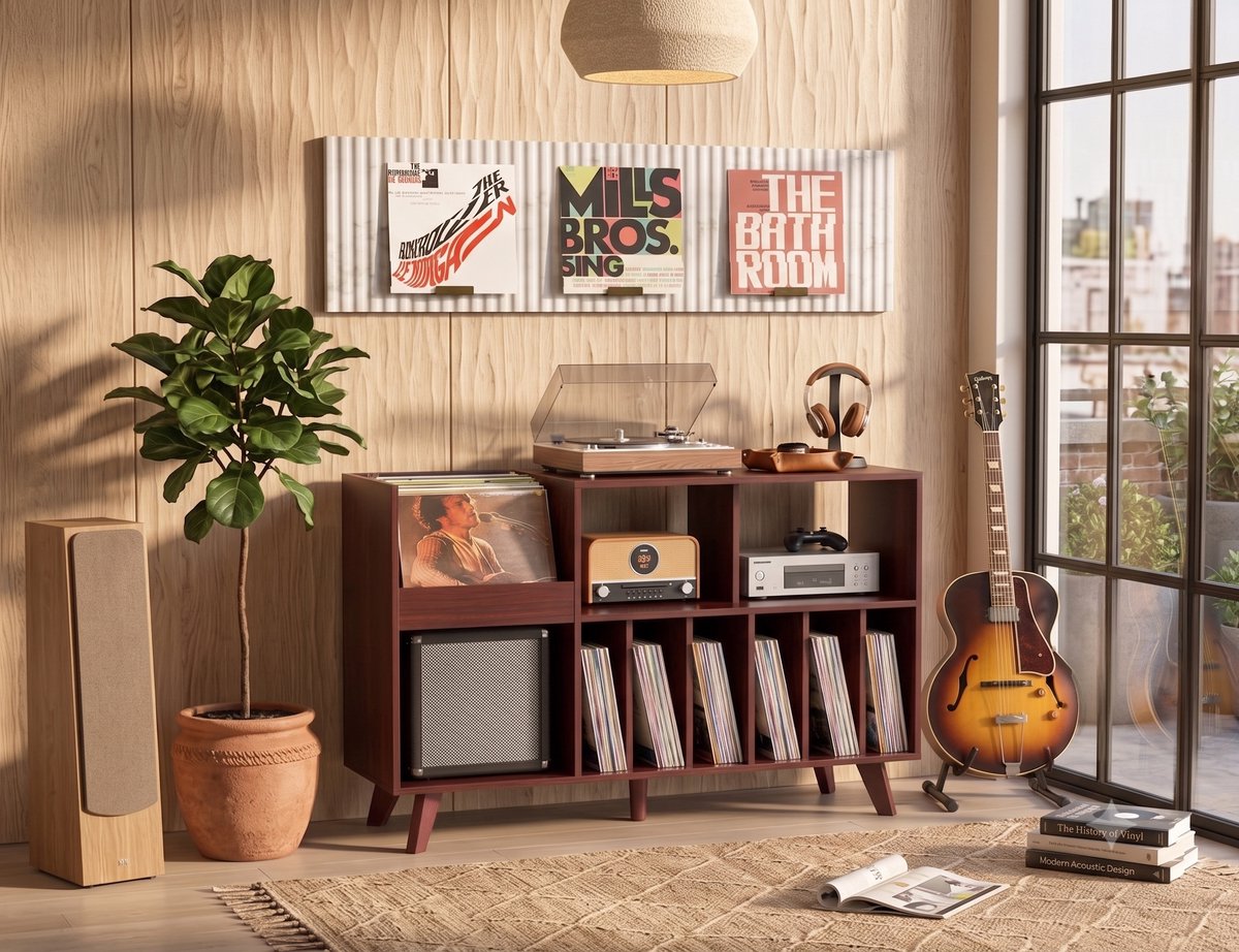 Platenspeler Standaard met Opbergruimte - Grote Platenkast voor 450 LP Vinylplaten - Houten Platenspeler Meubel - Platenrek & Audio Opbergkast - walnoot - 122 x 40 x 82.5 cm