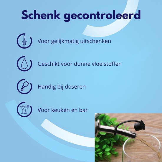 Logo's en tekst over schenkcontroles, met een afbeelding van een schenktuit die olie in een glas giet.