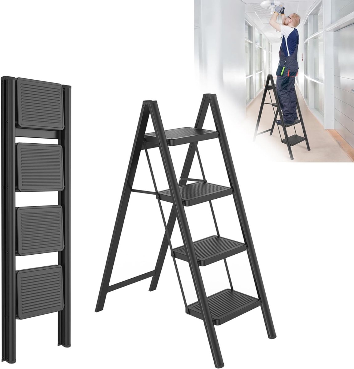 Zavio® Huishoudtrap 4 Treden - Keukentrap - Inklapbaar - Antislip - Extra Stevig - Veiligheid