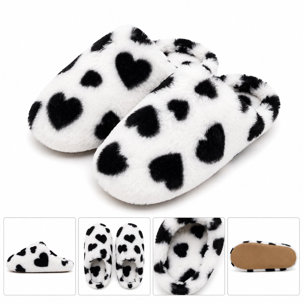 Puresolve Dames Pantoffels met Hartjes – Warme Zachte Huissloffen – Pluche Sloffen voor Dames - Maat 40/41 - wit/zwart -