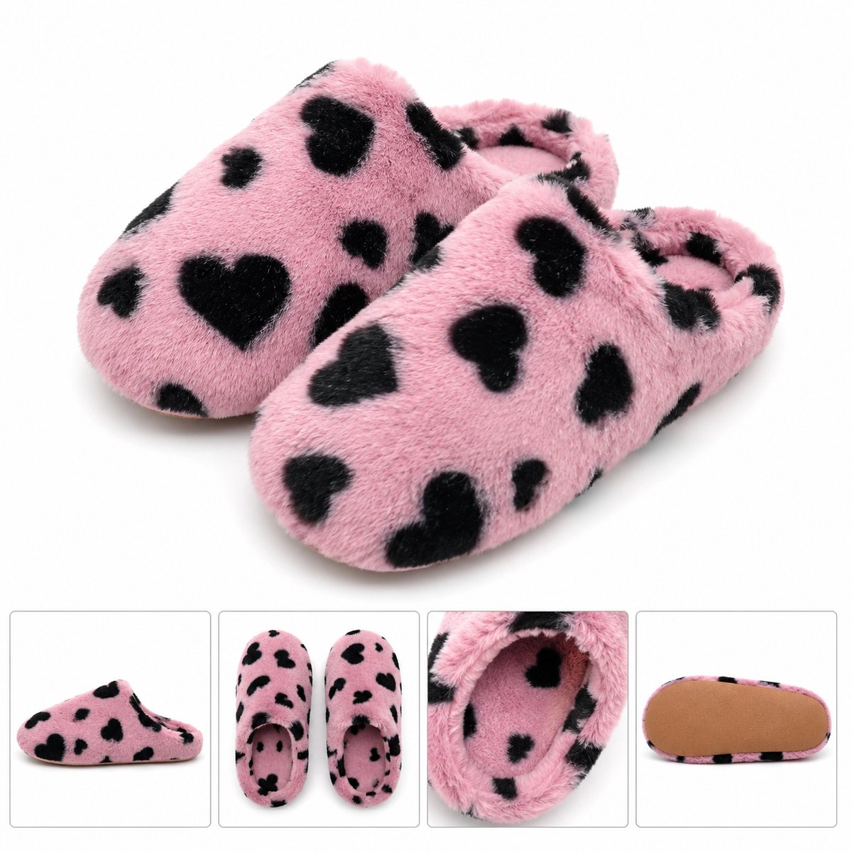 Puresolve Dames Pantoffels met Hartjes – Warme Zachte Huissloffen – Pluche Sloffen voor Dames - Maat 42/43 - roze -