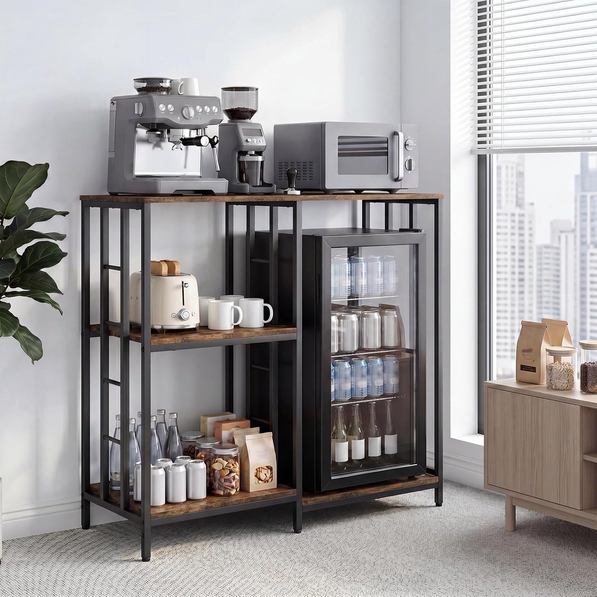 Bakkersrek met plank voor minikoelkast – Koffiebar met 3 niveaus – Magnetronstandaard – Keukenplanken met open opbergontwerp – 95 x 40 x 103 cm