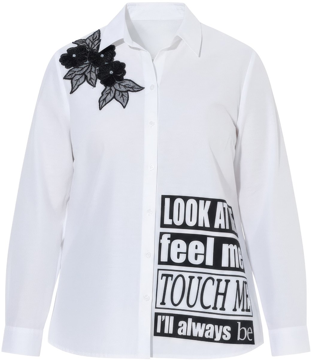 Angel of Style - Dames - Blouse oversized bloemenbadge - Sneeuwwit - Maat 48
