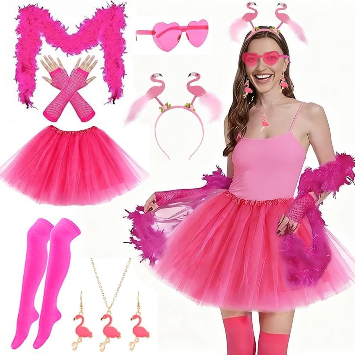 Vrouwelijk Flamingo Kostuum met Tulle Rok, Haarband, Sjaal en Accessoires voor Carnaval en Feestjes