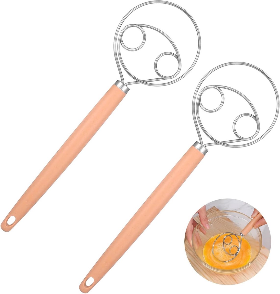 Danish deegborstel van roestvrij staal met lange houten handgreep, 34 cm, ideaal voor het mengen van brooddeeg, zuurdesem en bakaccessoires, set van 2