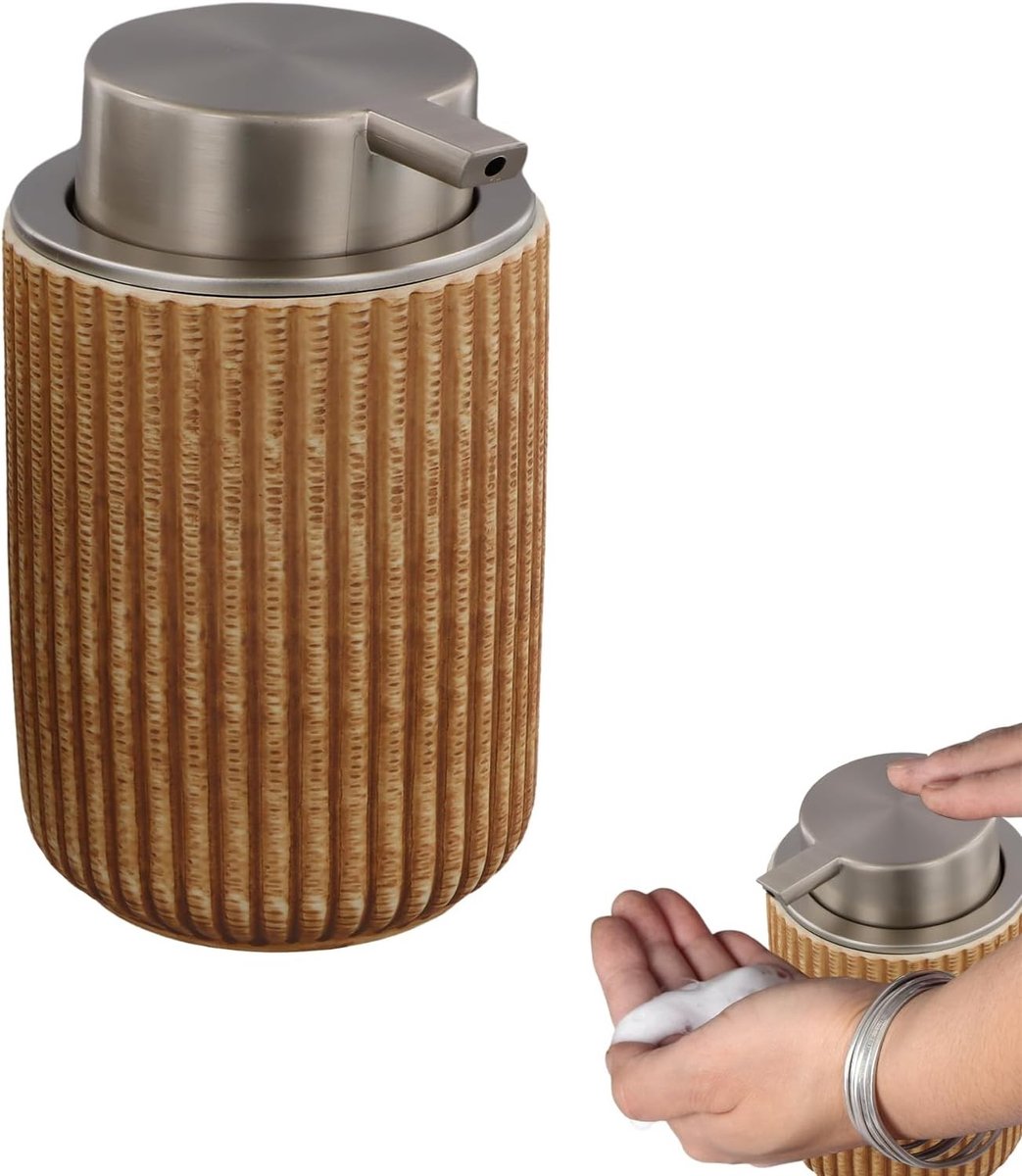 Ceramische Zeepdispenser voor Badkamer, 300 ml, Navulbare Vloeibare Zeepdispenser, Handzeep Dispenser voor Werkblad en Badkamer (Bruin)