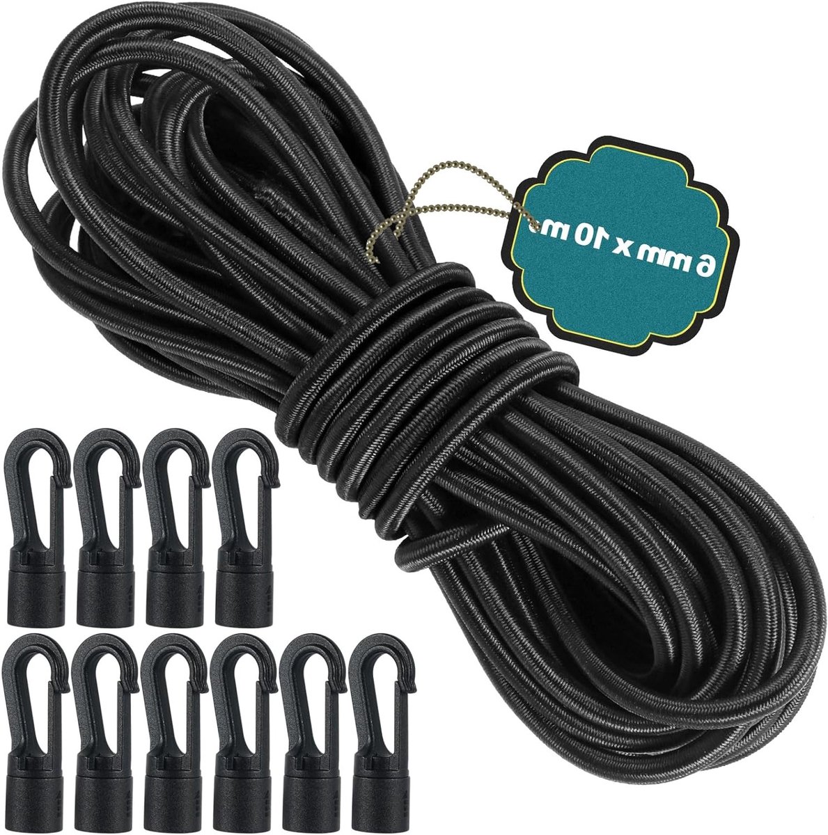 Zwarte Elastische Touw van 6 mm x 10 m met 10 Plastic Gespen voor Camping, Caravans, Kayaks en Trailers
