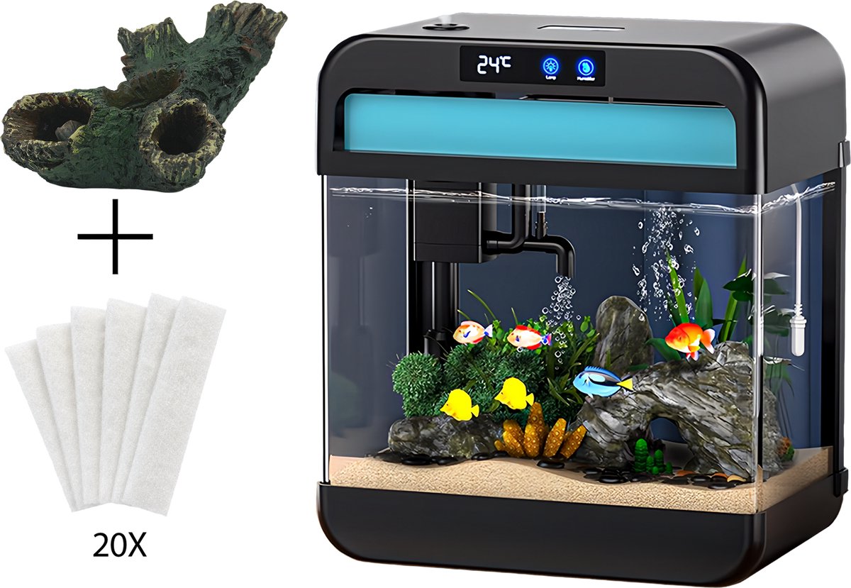AquaImpact Zelfreinigend Aquarium 13 L – Boom - 20 Filters - Decoratie - Set met 3‑in‑1 Pomp - LED & Touch Display – Timer & Dim Functie - Incl. Luchtbevochtiger - Garnalen Aquarium