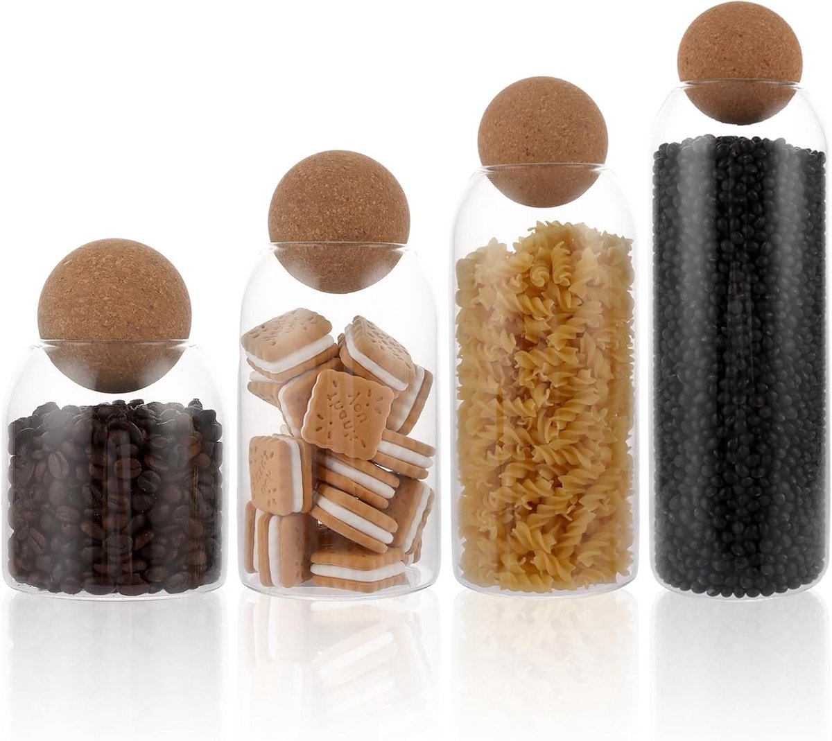 Set van 4 Glazen Opbergpotten met Kurken Deksel - Ideaal voor Pasta, Rijst, Koffie en Thee - Perfecte Organizer voor Droge Voeding in de Keuken en Pantry