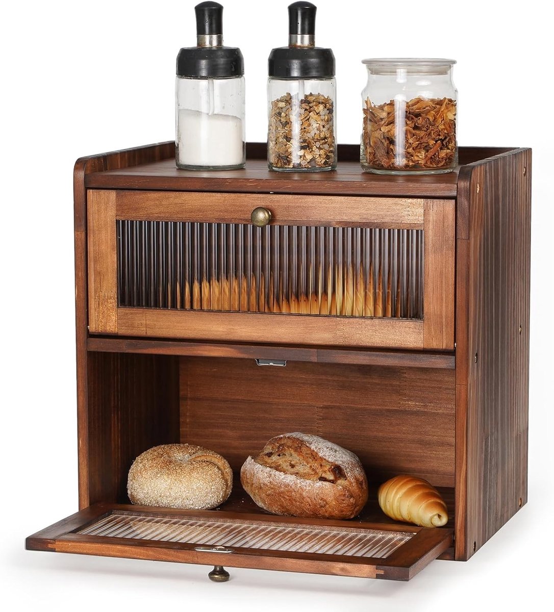Houten Brooddoos voor Keukenblad - Dubbele Laag, Grote Voedselcontainer voor Vers Brood, Vintage Ontwerp 36.5x24x34cm (Bruin, L)