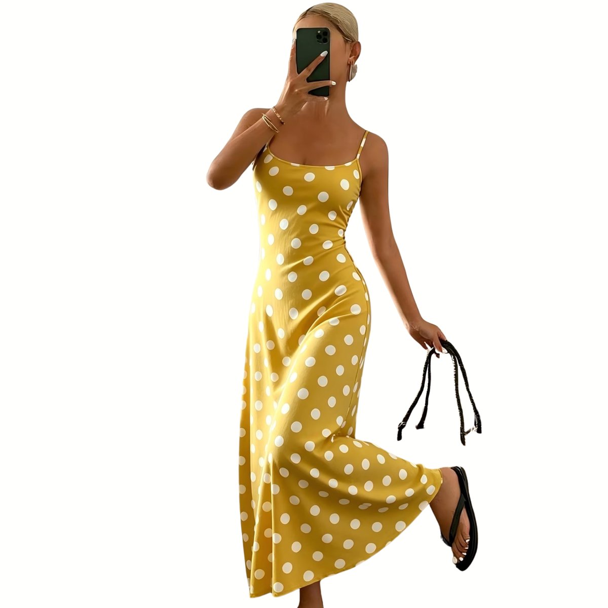 Currero Jurk Met Polkadots Stippen Zomerjurk Dames Zomerjurken Midi Jurk Volwassenen Ibiza Stijl Sundress Dress XXL Geelbruin