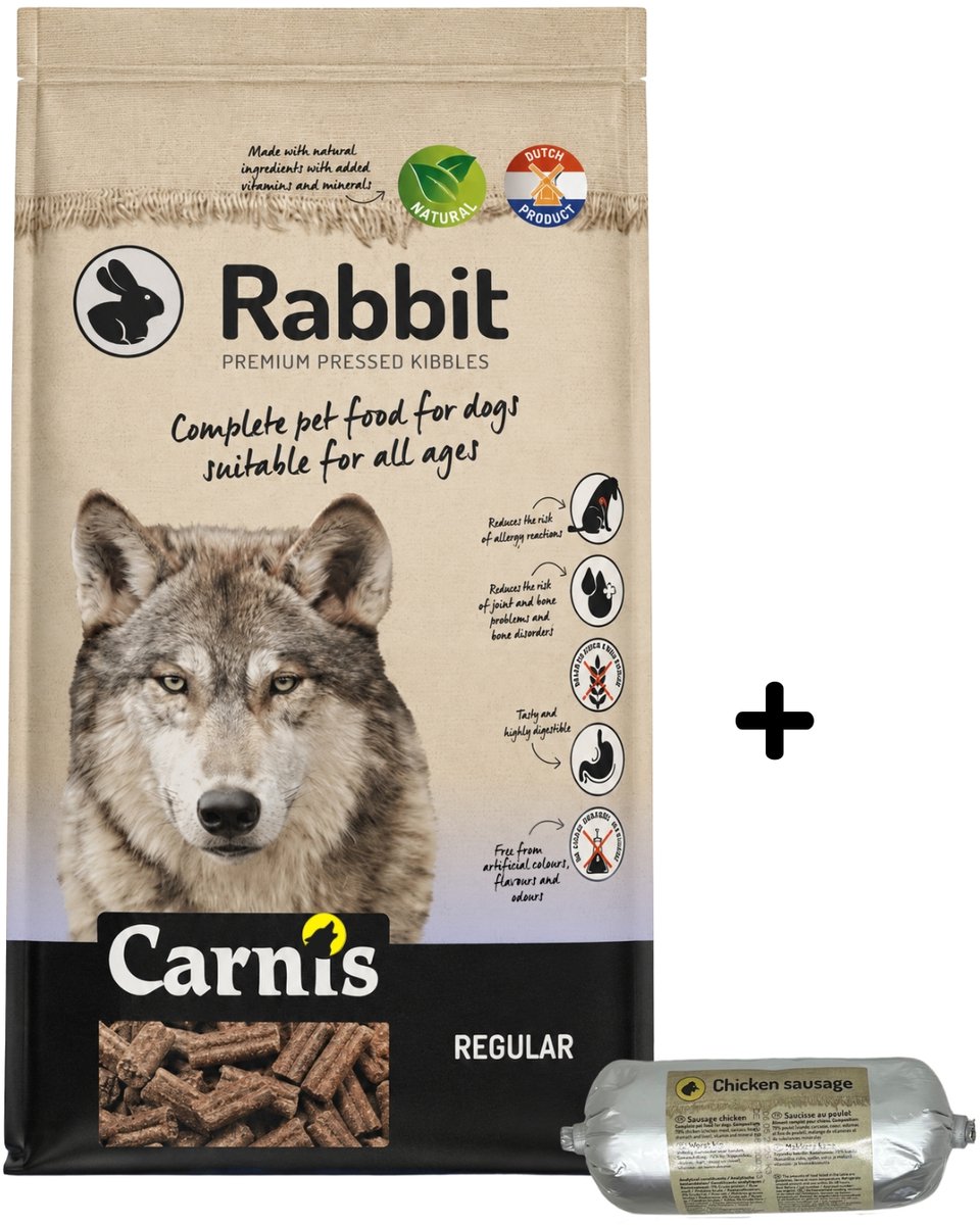 Carnis Carnis Rabbit Regular geperst hondenvoer 12,5 kg + Gestoomde worst kip 200gr - Hond