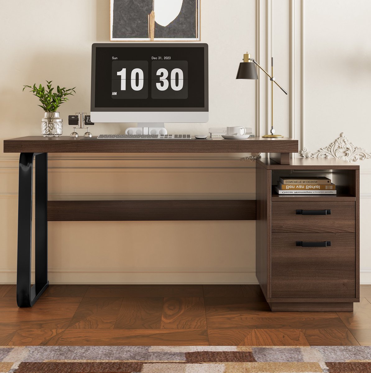 FloraGrace Bureau - Minimalistisch Met Lade En Open Opbergruimte - Voor Kantoor En Werkkamer - MDF En Metaal - 135x54 Cm - Bruin