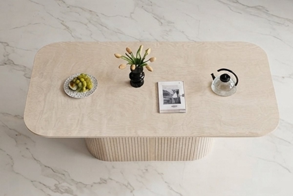 Moderne Scandinavische Rechthoekige Eettafel 160x90 cm – Design Keukentafel van HDF/MDF met Romeinse Zuilen Poten – Geschikt voor 4 tot 8 Personen – Kras- en Waterbestendig – Gele Houtnerf Look – Novihomestore