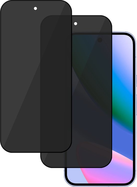 Twee privacy screenprotectors op een blauwe smartphone.