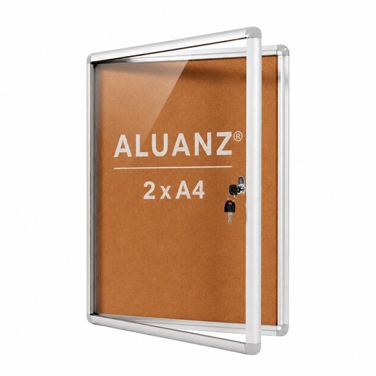 NIEUW: 2 x A4 Formaat Afsluitbare Vitrinekast met Kurken Achterwand - ALUANZ - Postervitrine, Wandvitrine, Notitiebord, Binnenvitrine, Muurvitrine, Mededelingenbord met slot