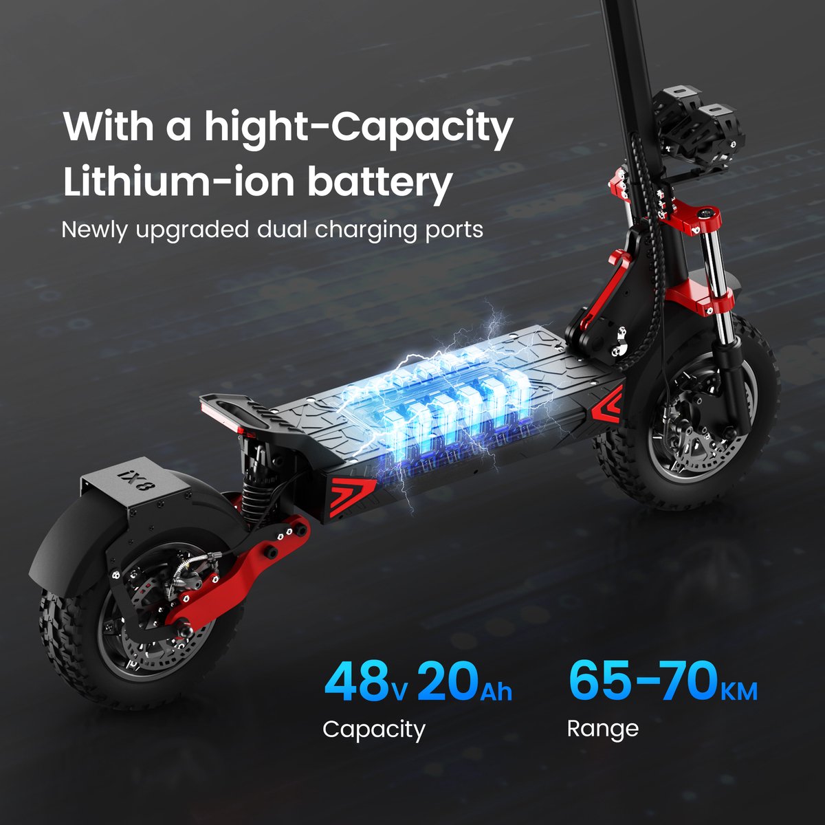 iScooter iX8 Elektrische scooter - 12inch - 65km actieradius - 48V 20Ah accu - Maximumsnelheid 25 km/u - Drie-staps snelvouwen, 3 seconden - Maximaal laadvermogen 150 kg - zwart – foto 6