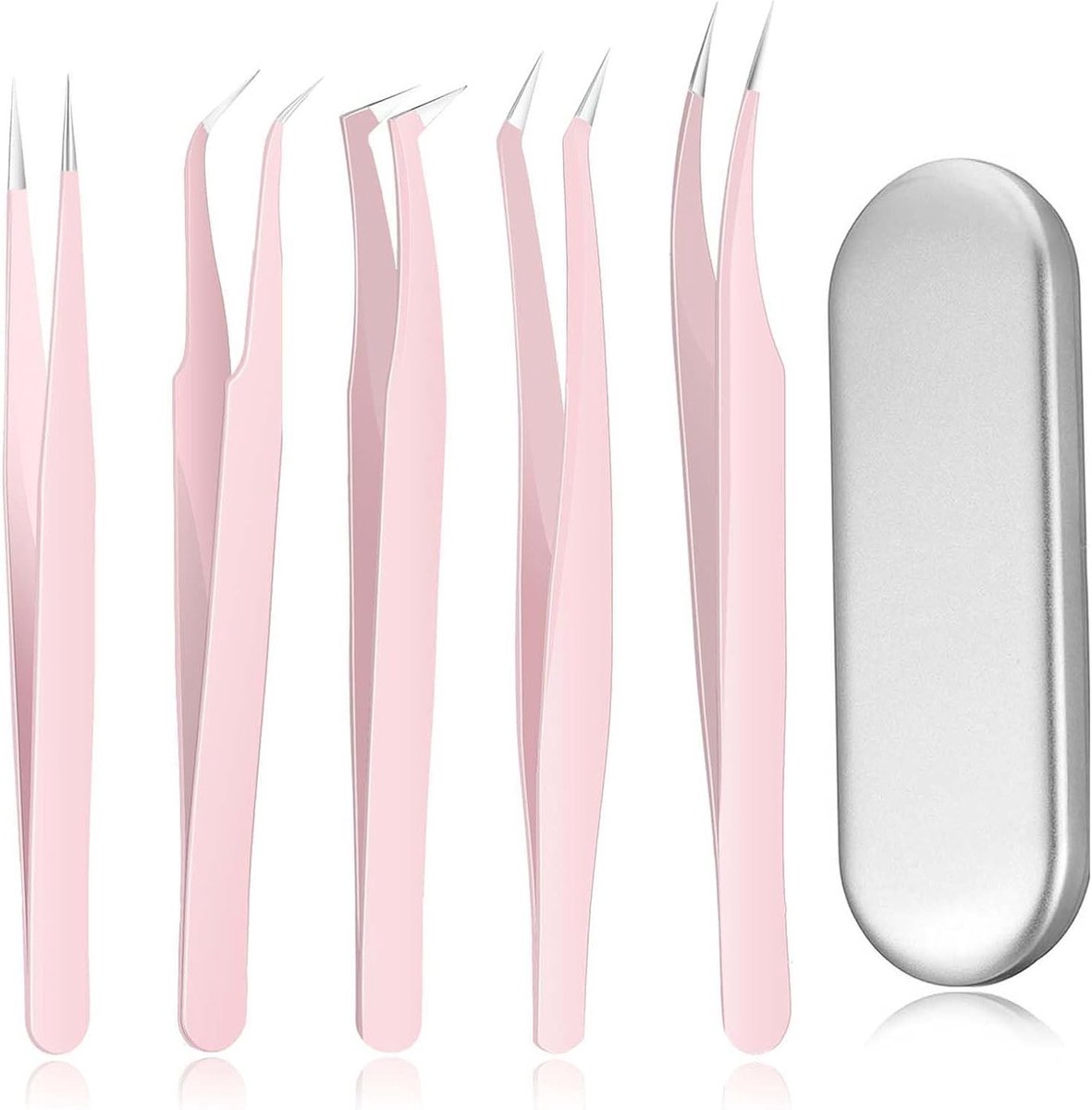Set van 5 Professionele Wenkbrauwpincetten voor Wimperextensions - RVS, Curved en Volume Pincetten in Opbergdoos voor Nauwkeurige Toepassing van Valse Wimpers