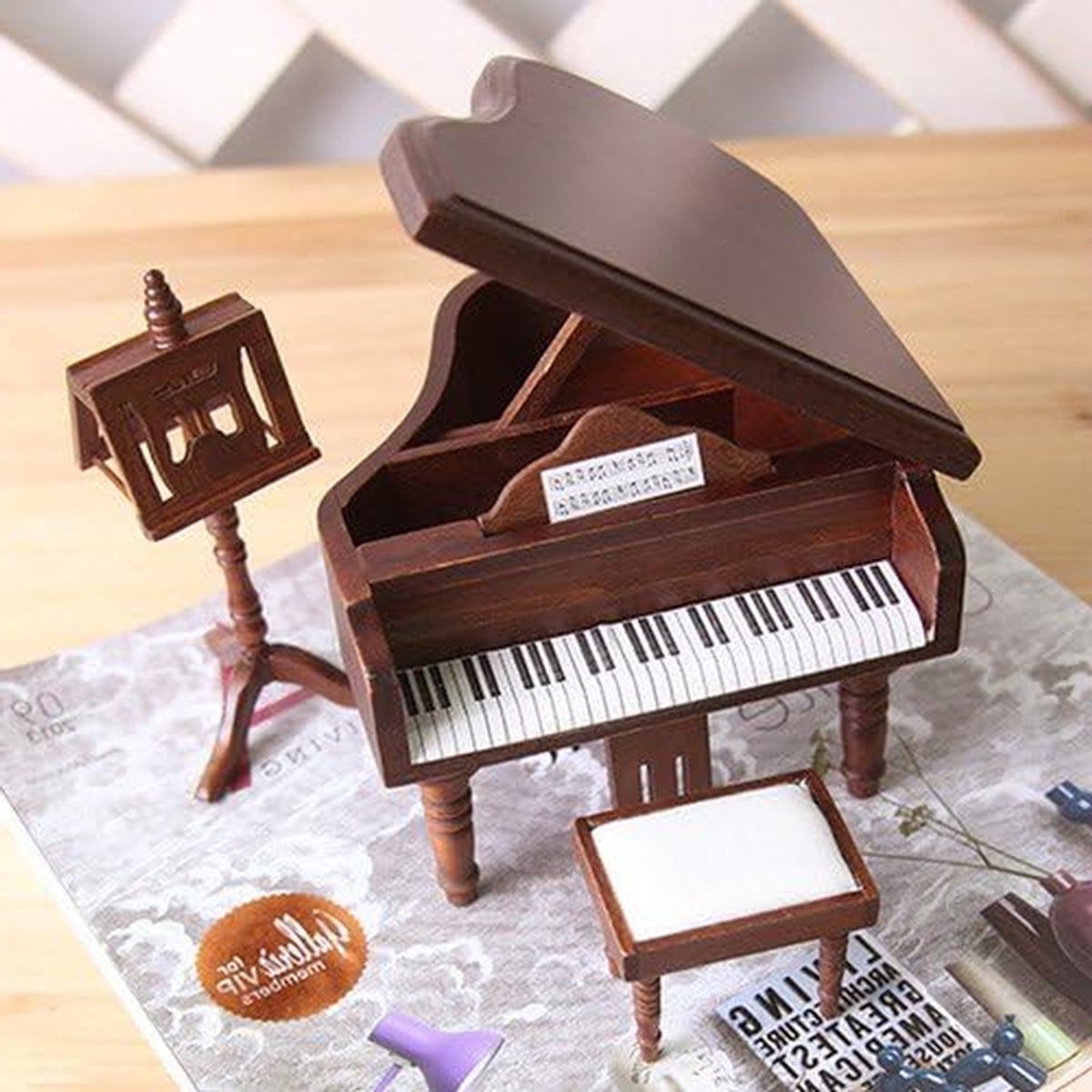 Houten Piano Miniatuur - Decoratie Set - Huis Decoreren - Antiek Design - Maat S - Houtkleur