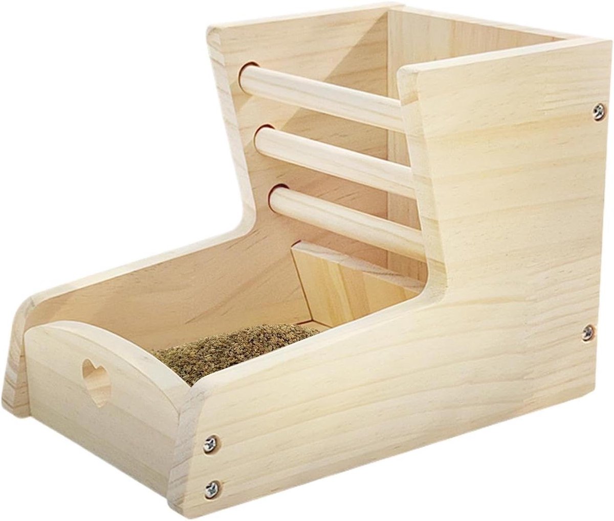 Hooi Voederbak - Hooihouder Knaagdier - Hooi Netjes Houden - Dubbele Zone Compartiment - 14.5x22x15.5 cm - Houtkleur