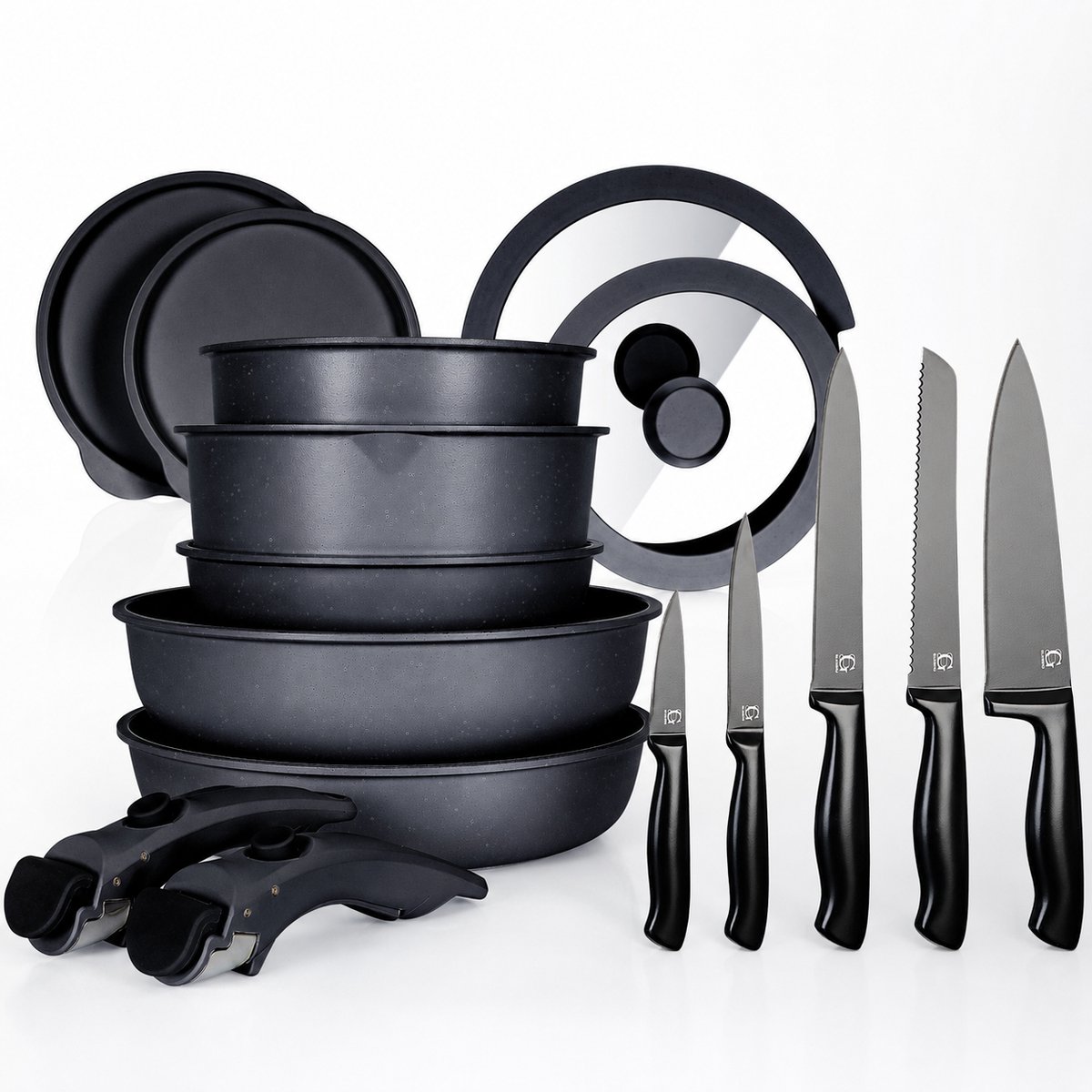 Glissimo Cookware - Stapelbare 20-Delige Pannenset met Messenset – Keramisch – Zwart – Afneembare Handgreep – Non-stick – PFAS Vrij – Voor Alle Warmtebronnen – RVS Keukenmessen