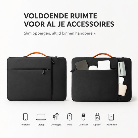 Sacoche noire pour ordinateur portable avec poignée orange. Le sac a une poche avant et est rempli d'accessoires : téléphone, ordinateur portable, écouteurs, souris, clé USB, chargeur et banque d'alimentation.