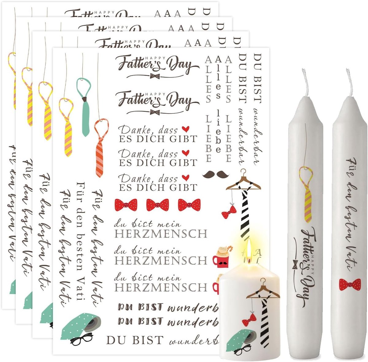 4-delige Kaarsen Set voor Vaderdag, A5 Kaarsen Wrap Film en A6 DIY Sticker Blad, Perfect Cadeau voor Vader met Creatieve Kaarsen en Ceramiek