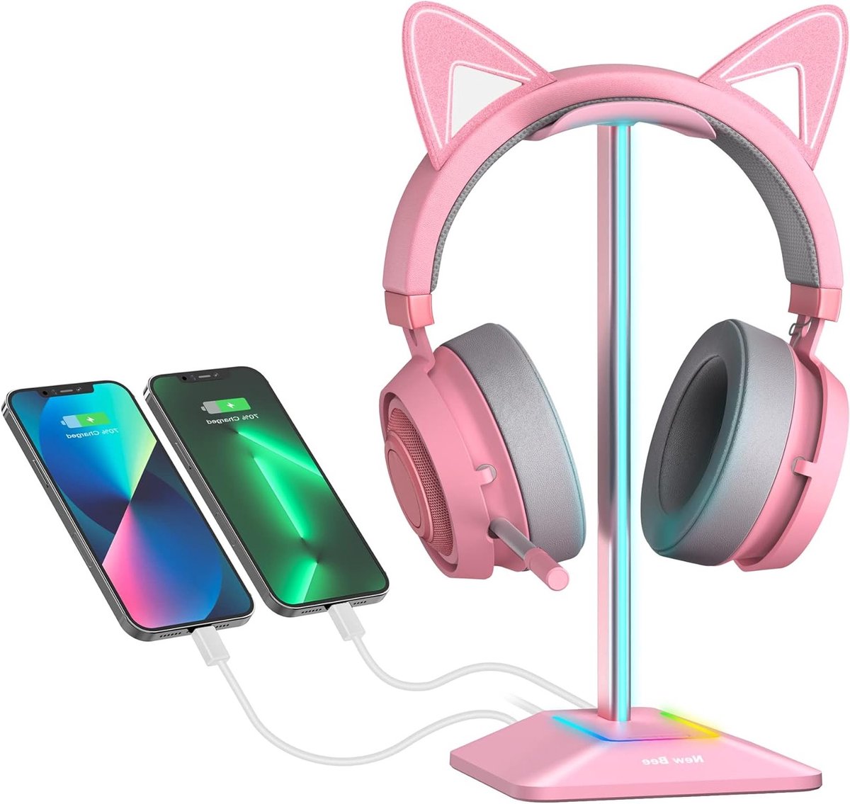 Kleurige RGB Hoofdtelefoonstandaard met USB Type-C Oplader en Gegevensoverdracht - Universele Gaming Hoofdtelefoonhouder voor Alle Hoofdtelefoons (Roze)