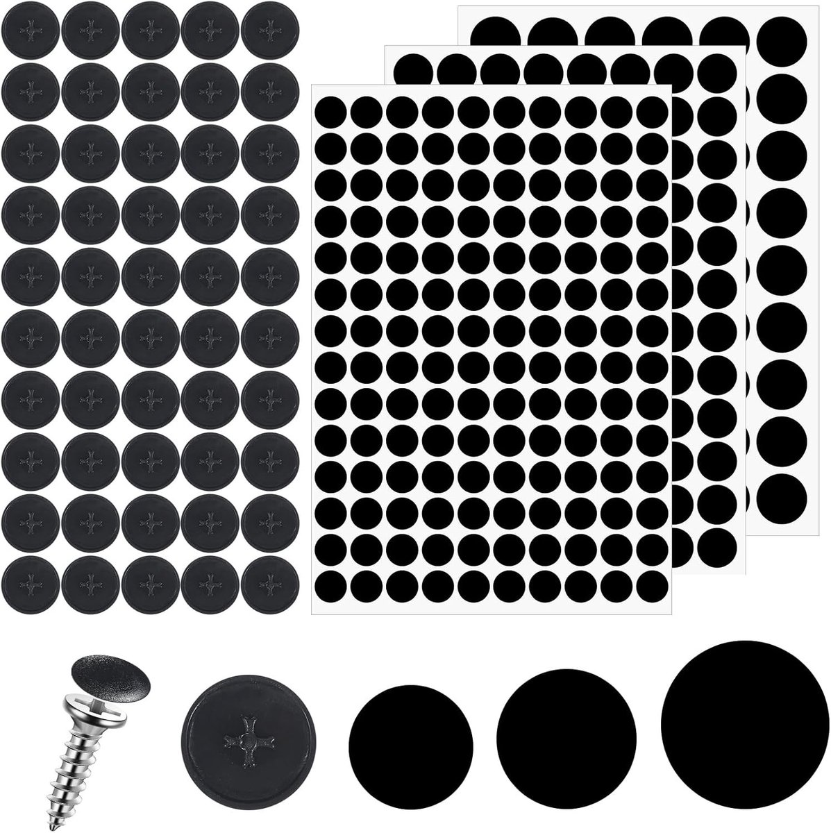 Set van 290 Zwarte Zelfklevende Schroefdeksels - Ronde Schroefstickers voor Meubels, Muren en Kasten - 12/15/21mm Schroefgaten Afdekken met 50 Stuks