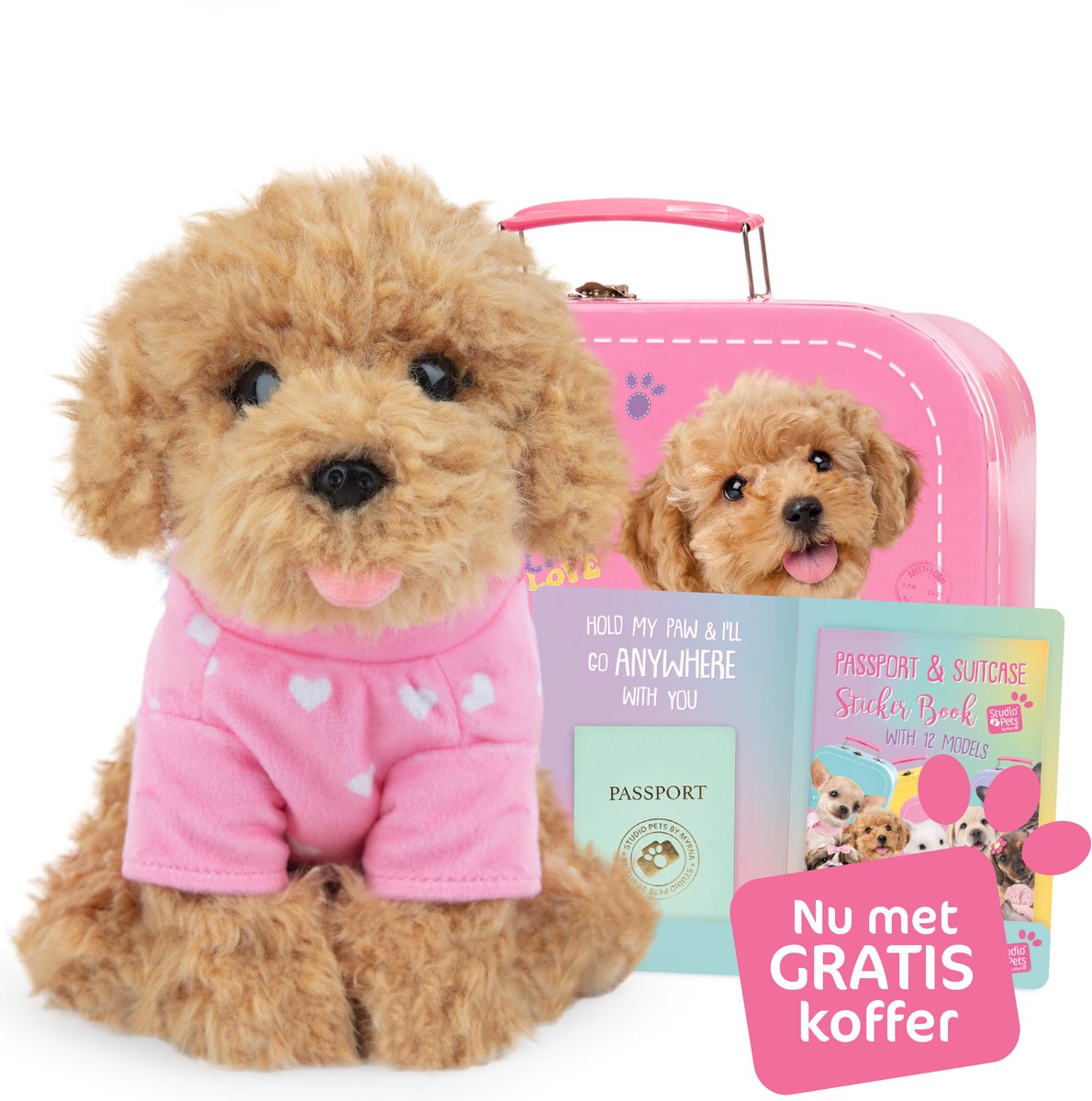 Studio Pets® Set van Knuffel Toy Poedel Hond Cookie (23 cm) met GRATIS Roze Kartonnen Koffer, Paspoort en Stickerboek – Complete Cadeauset voor kinderen