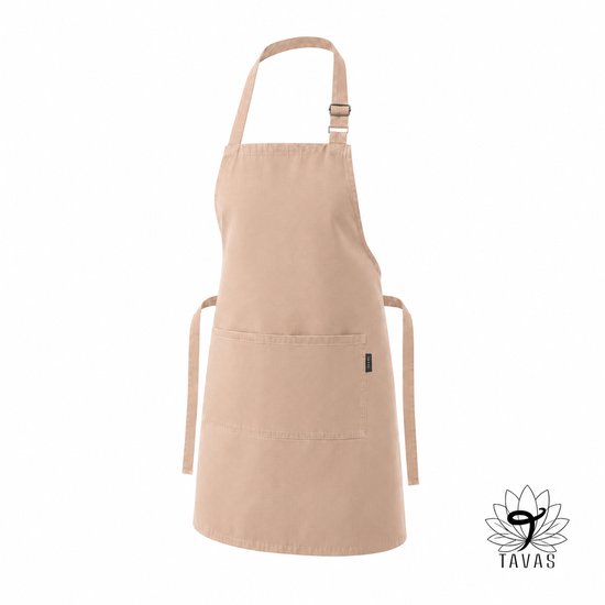 Tablier de cuisine beige avec attache réglable, une poche avant et le logo TAVAS.